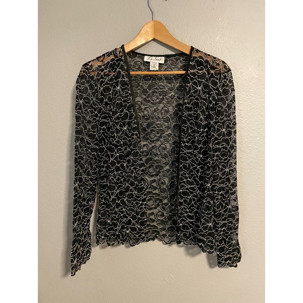 Vintage La Nuit Womens Cardigan Size 12 Black Floral Lace Sheer Fairy Whimsigoth